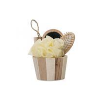 Kit Banho Personalizado Madeira 3 Peças com Balde Decorativo – Brinde Corporativo Spa Natural Premium