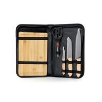 Kit Churrasco Personalizado 5 Peças com Tábua de Madeira e Estojo Nylon – Facas, Tesoura e Tábua Brinde Corporativo