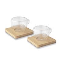 Conjunto Xícaras Personalizadas Espresso 60ml em Vidro Borossilicato Parede Dupla com Apoio em Bambu – Kit Premium