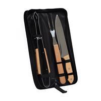 Kit Churrasco Personalizado 3 Peças Inox com Cabo de Madeira e Estojo Nylon – Faca 8”, Garfo e Pegador com Plaqueta