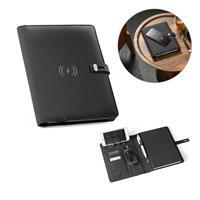 ELEVATE A5 FOLDER. Pasta A5 em poliéster 100% reciclado 300D com carregador wireless embutido 5