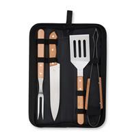 Kit Churrasco Personalizado 4 Peças Inox com Cabo de Madeira e Estojo Nylon