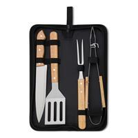 Kit Churrasco Personalizado 4 Peças com Utensílios em Madeira e Estojo Nylon – Garfo, Faca, Pegador e Espátula