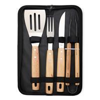 Kit Churrasco Personalizado 4 Peças Inox com Cabo de Madeira e Estojo Nylon – Espátula, Garfo, Pegador e Faca